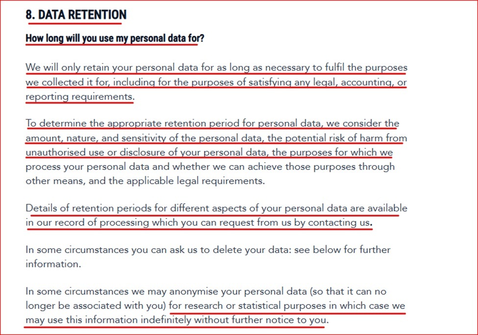 END Fund Privacy Policy data retention clause