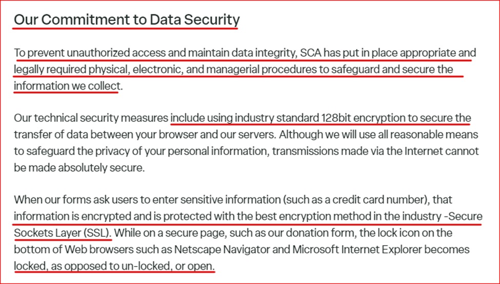 SCA Privacy Policy security clause