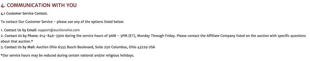 Auction Ohio Terms and Conditions: Communication with You - Contact clause