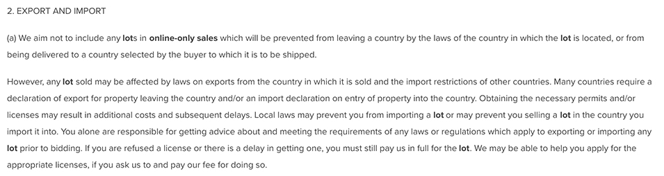 Christie's Terms and Conditions: Export and Import clause