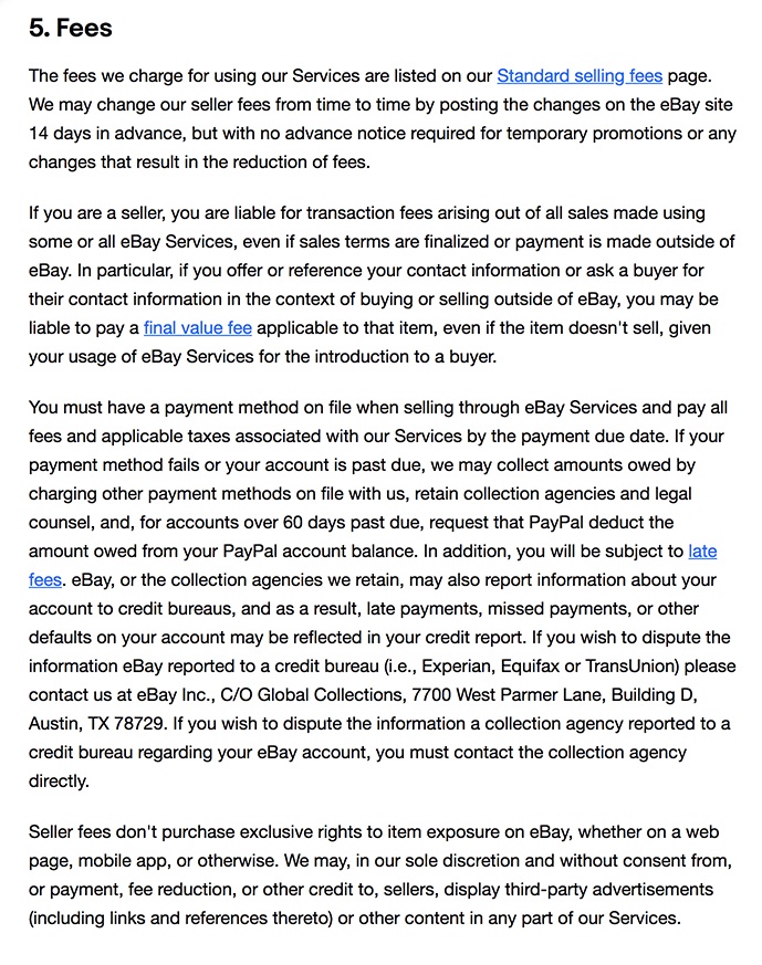 eBay User Agreement: Fees clause