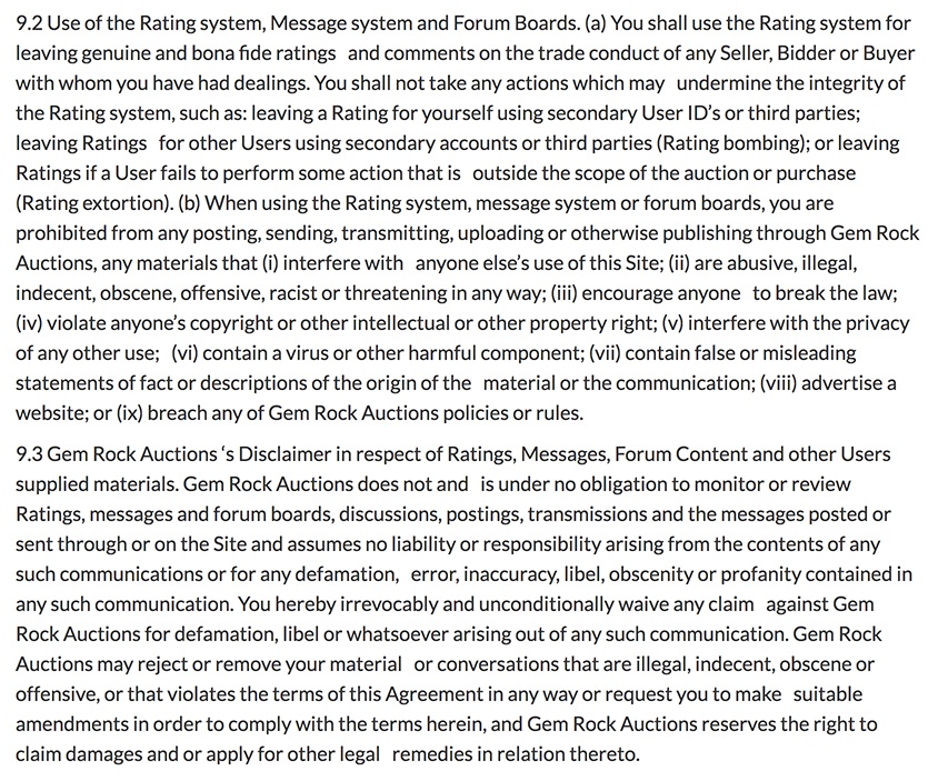 Gem Rock Auctions Terms of Use: Rating system, Message system and Forum Boards clause with disclaimer clause