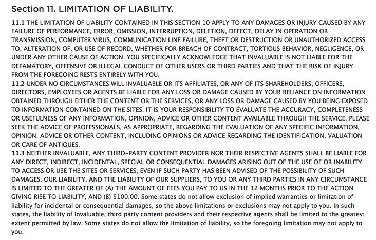 Invaluable's Terms of Use: Limitation of Liability clause