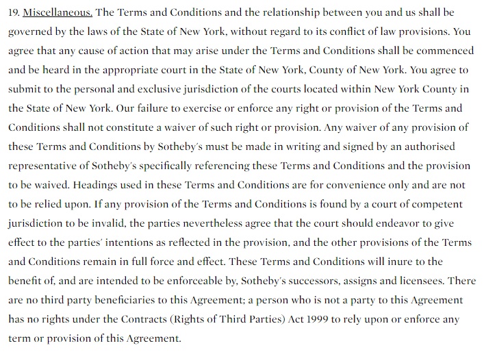 Sotheby's Terms and Conditions: Miscellaneous clause