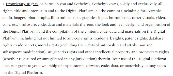 Sotheby's Terms and Conditions: Proprietary Rights clause