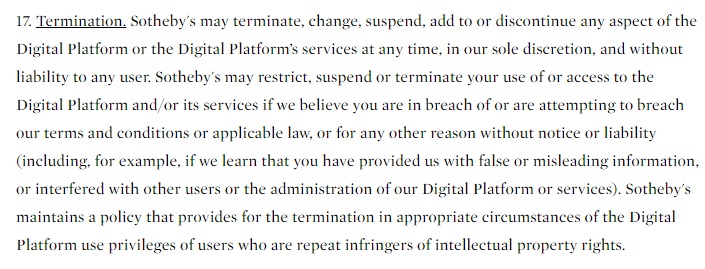 Sotheby's Terms and Conditions: Termination clause