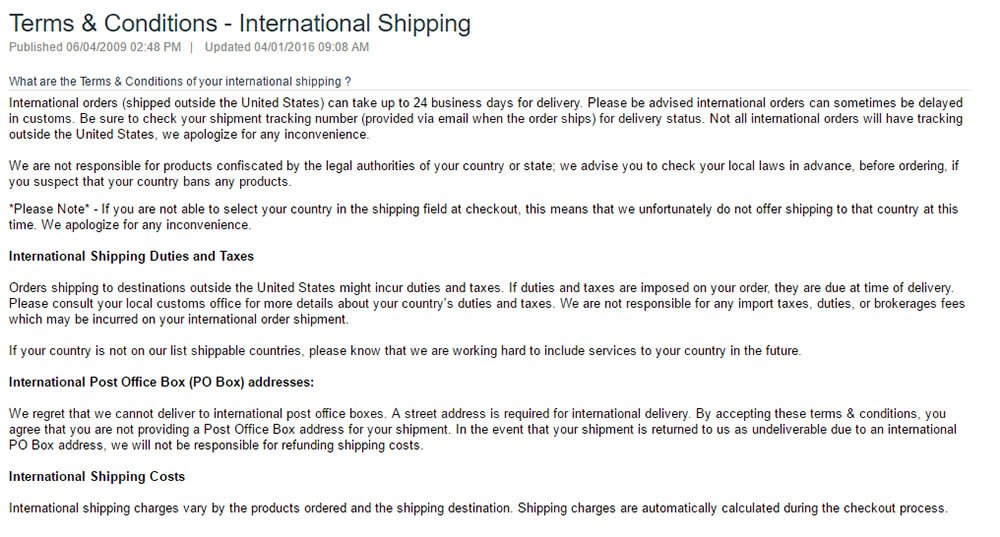 Screenshot of Fox Shop International Shipping Terms & Conditions