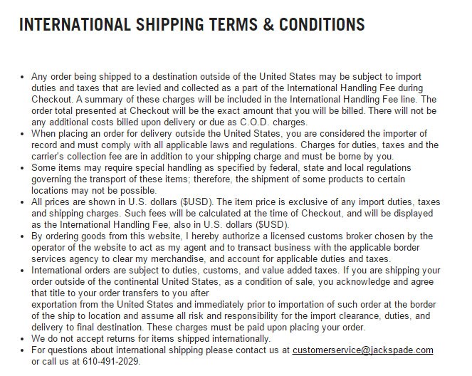 Screenshot of Jack Spade New York: International Shipping Policy