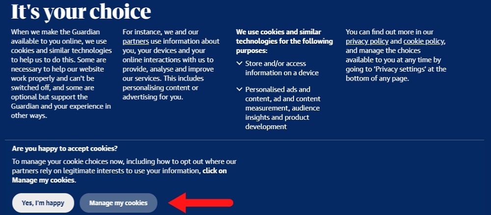 The Guardian cookie consent notice with manage my cookies button highlighted