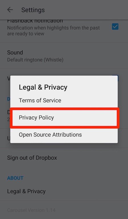 Dialog Window of Legal & Privacy from Dropbox Carousel