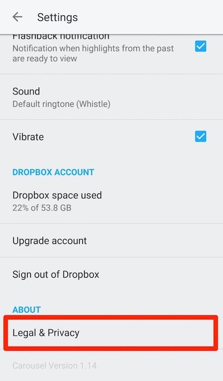 Dropbox Carousel: Highlight Legal and Privacy Item on Settings