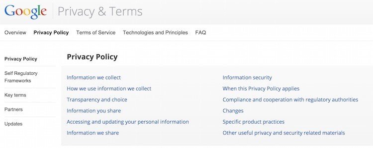 Google Privacy Policy and Terms Screenshot