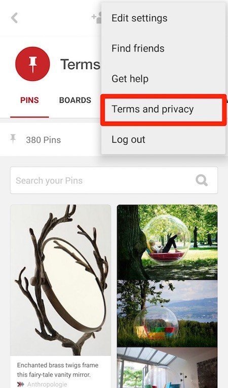 Pinterest, Android: Highlight Terms and privacy menu item