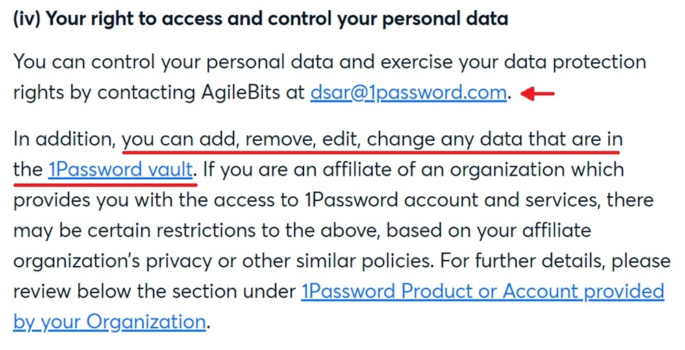 1Password Privacy Policy: Your right to access and control clause