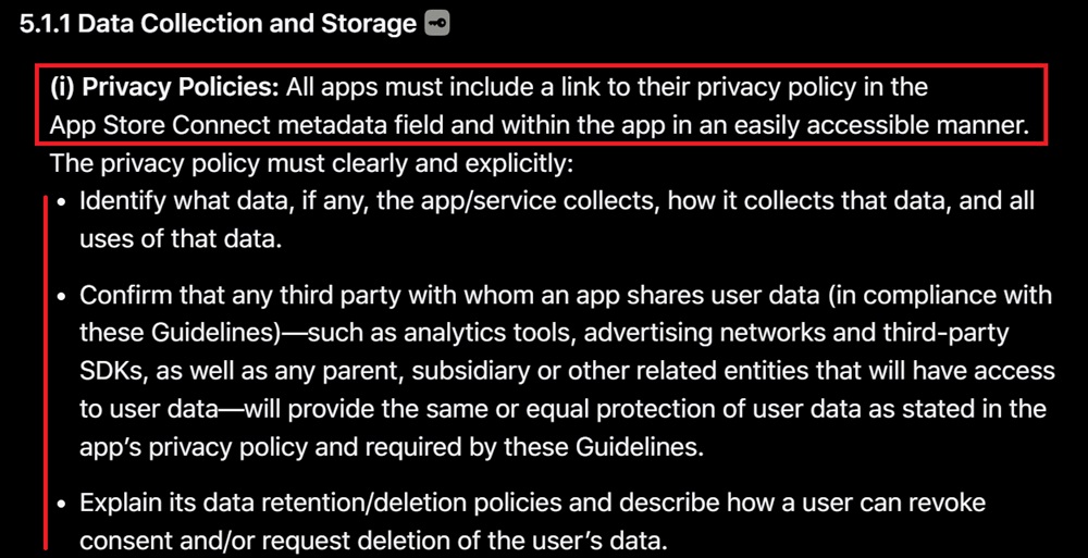 Apple App Store Review Guidelines: Privacy Policies section