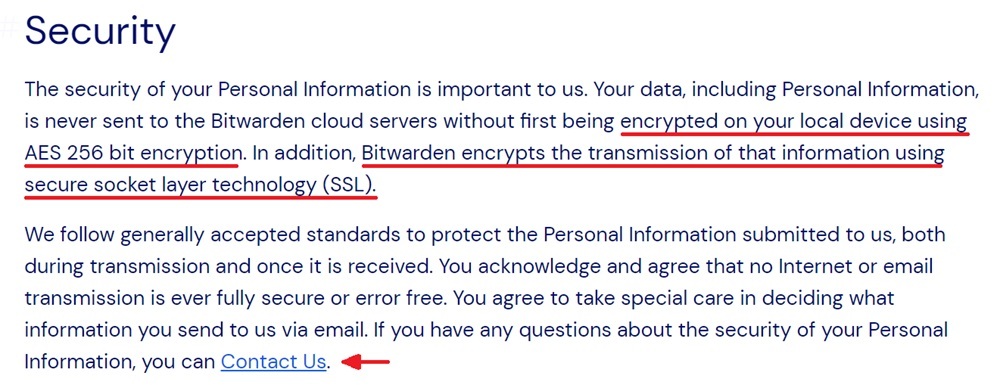 BitWarden Privacy Policy: Security clause