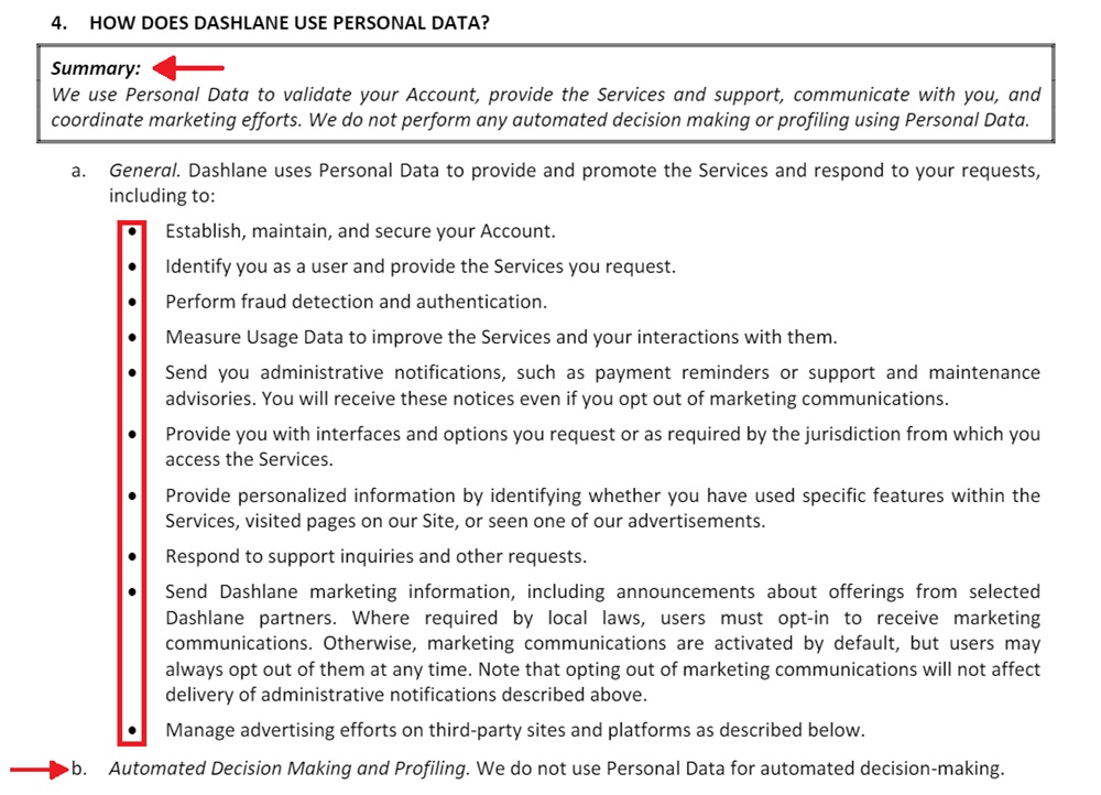 Dashlane Privacy Policy: How personal data is used clause
