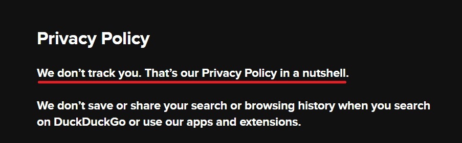 Screenshot from Duck Duck Go Privacy Policy