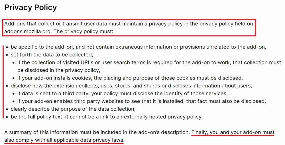 Mozilla add on requirements for a Privacy Policy