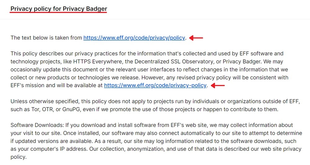 Privacy Badger Privacy Policy excerpt