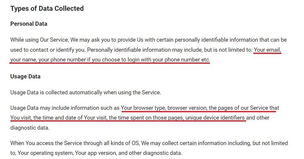 Sider AI Privacy Policy: Types of data collected clause