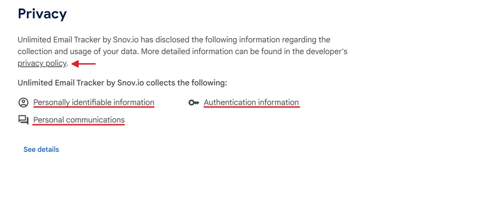 Snovio Google Webstore page Privacy section