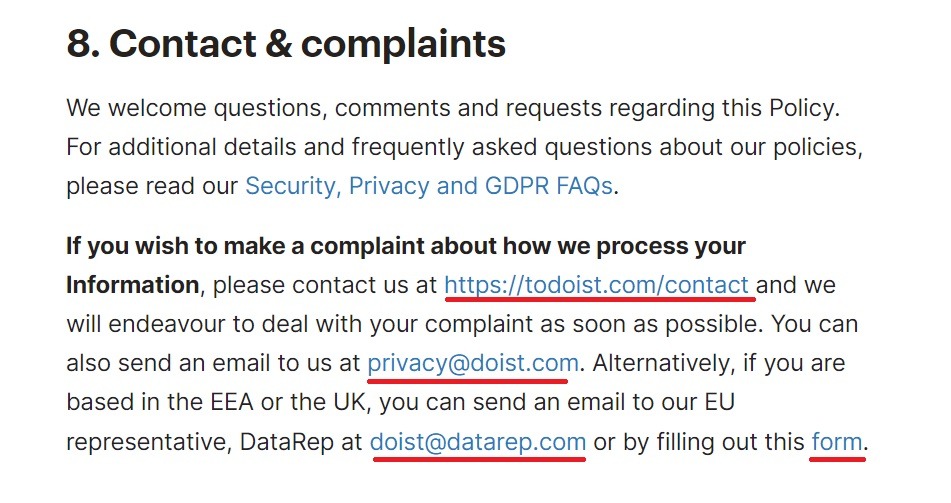 Todoist Privacy Policy Contact and Complaints clause