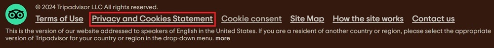 Tripadvisor website footer with Privacy and Cookies link  highlighted