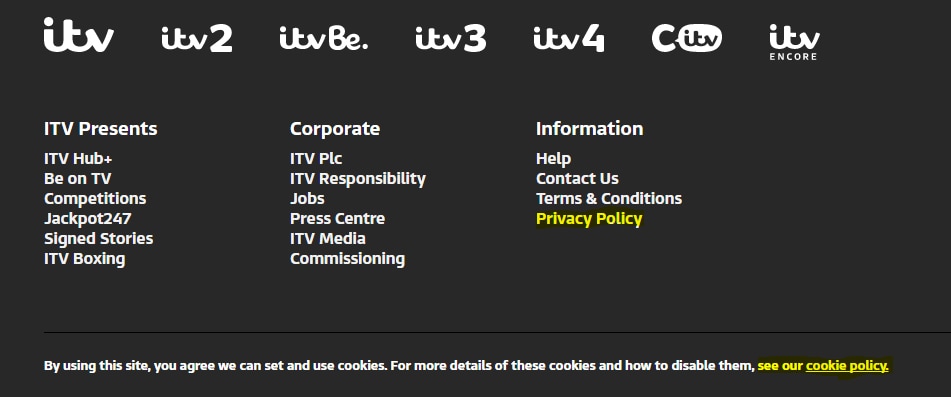 ITV Websites: Highlighted separated Privacy and Cookie Policy links in the footer