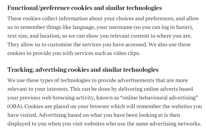Times UK Cookie Policy - Functional, preference, tracking and advertising cookies clauses
