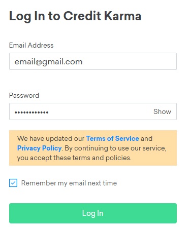 Credit Karma Log-in Page with updated Terms of Service and Privacy Policy