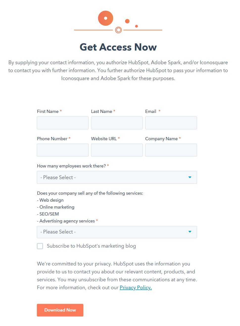 HubSpot Information collection form to download templates