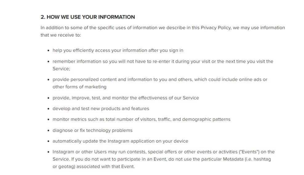 Instagram Privacy Policy: How we use your information clause