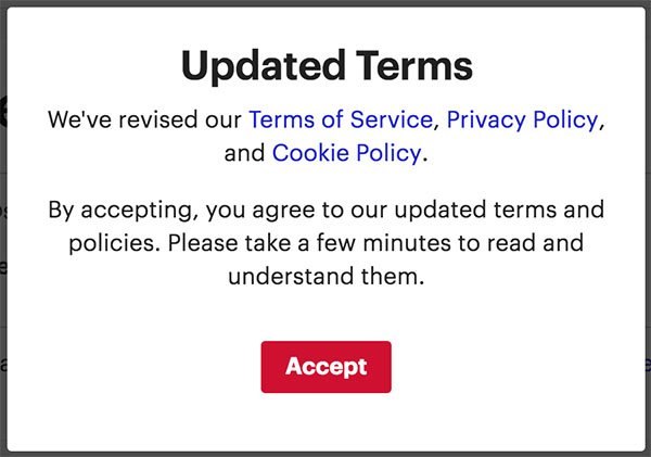 MeetUp Updated Terms notice with clickwrap Accept button