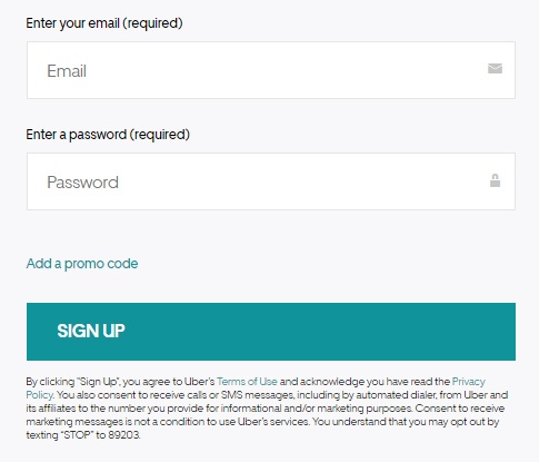 Uber sign-up form