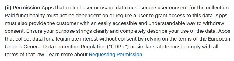 Apple App Store Review Guidelines: Data Collection and Storage - Permission clause