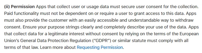 Apple App Store Review Guidelines: Data Collection and Storage - Permission clause