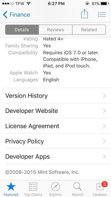 Mint iOS App on App Store Screen: Additional Links