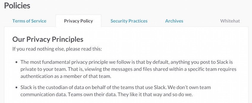 Screenshot of Slack Privacy Policy Page
