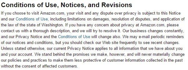 Conditions of Use, Notices and Revisions in Amazon Privacy Notice