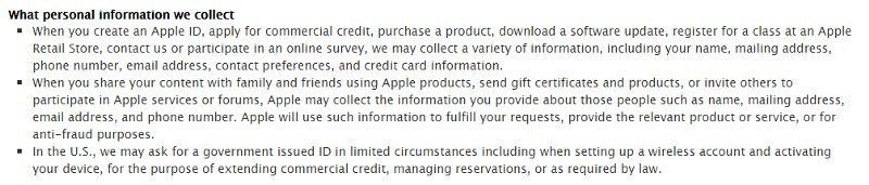 Information we collect clause in Apple ID Privacy