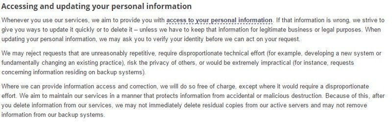 Accessing and updating personal information clause in Google agreements