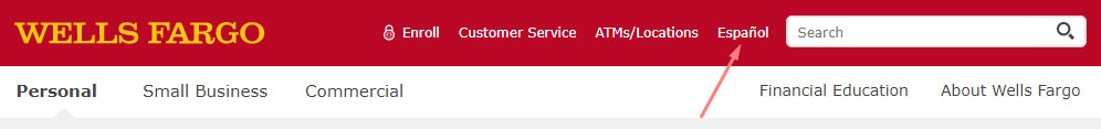 Wells Fargo website header with option to switch language from English to Spanish