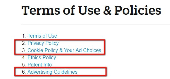 About Terms of Use and Policies: Table of Contents section