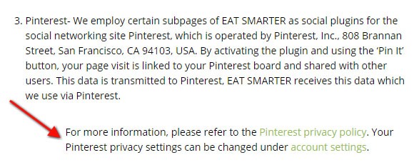 Eat Smarter Privacy Policy: Links to Pinterest