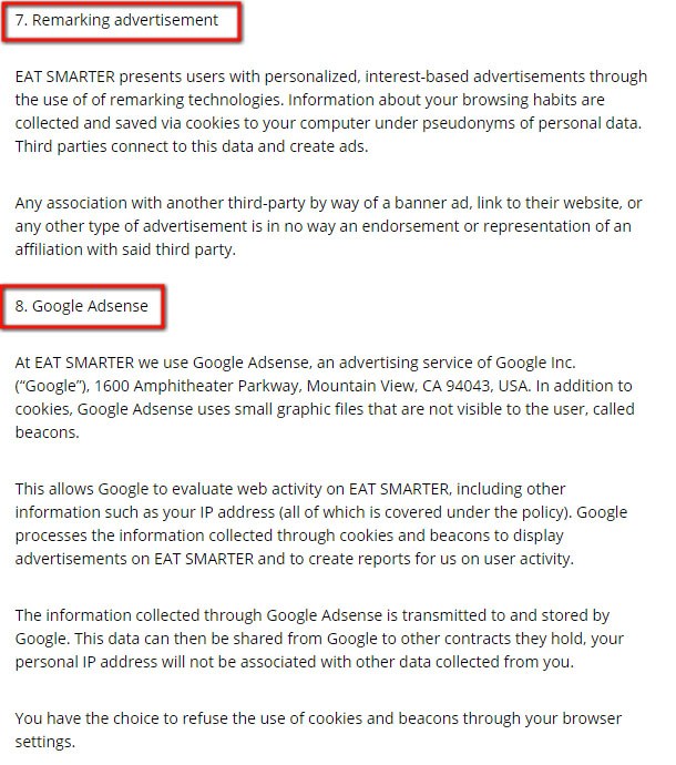 Eat Smarter Privacy Policy: The Remarketing & AdSense Advertising section