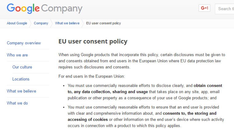 Screenshot of Google EU User Consent Policy