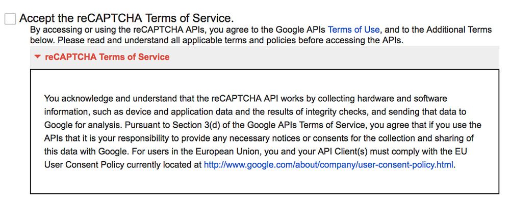 Screenshot of reCAPTCHA Terms of Service