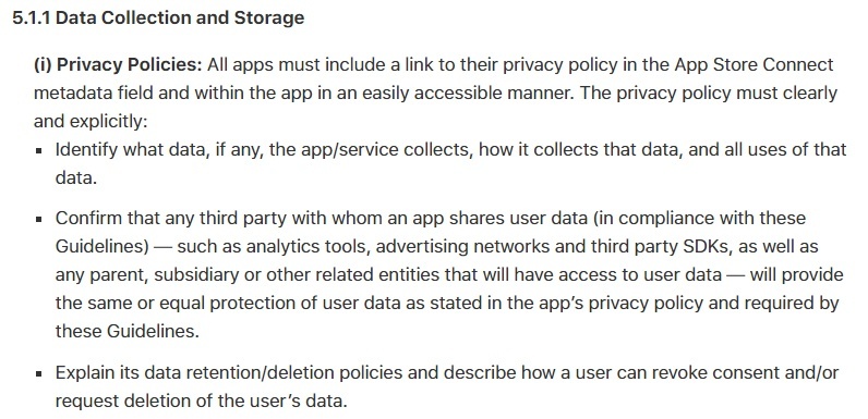 Apple App Store Review Guidelines: Data Collection and Storage: Privacy Policies clause