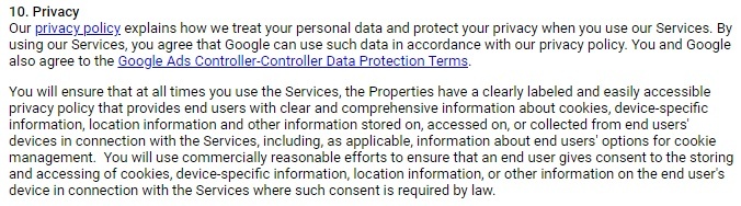 Google AdSense Terms of Service: Privacy clause updated for 2018